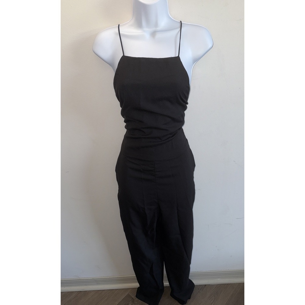 Women's‎ Ruched Wide-leg Jumpsuit, Zip Up, Spaghetti Strap & Pockets, Black, SM